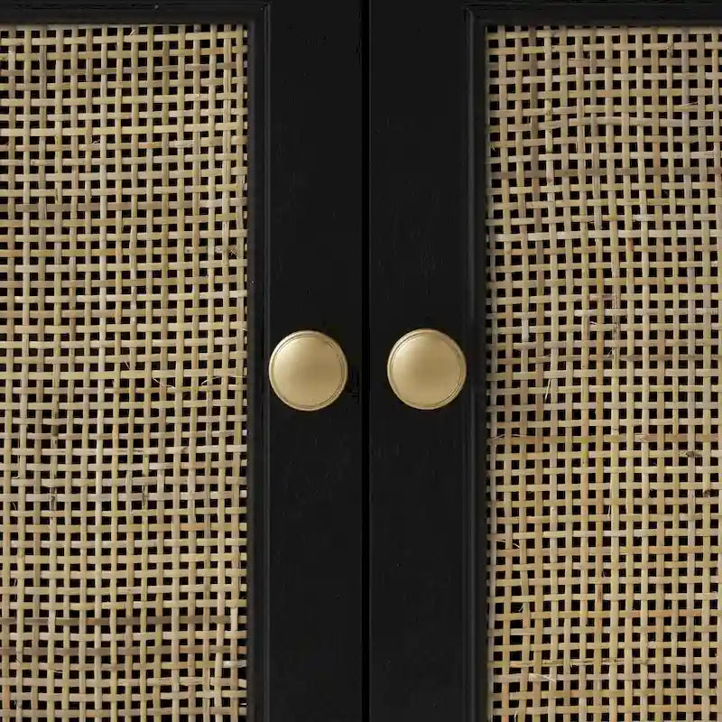 Black Wood Cabinet with 2 Drawers & 2 Rattan Doors | Gold Knobs
