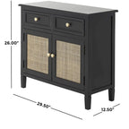 Black Wood Cabinet with 2 Drawers & 2 Rattan Doors | Gold Knobs