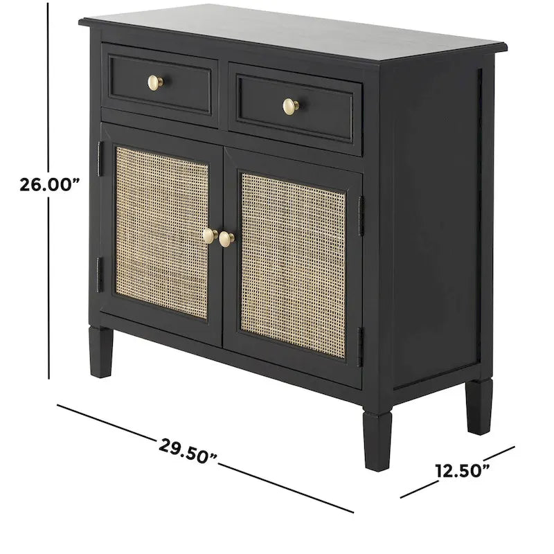 Black Wood Cabinet with 2 Drawers & 2 Rattan Doors | Gold Knobs